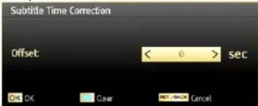 Subtitle Time Correction Offset: < 0 > sec OK OK Clear RET/BACK Cancel