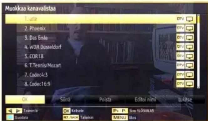Muokkaa kanavalistaa 1. arle 2. Phoenix 3. Das Erste 4. WDR Düsseldorf 5. CCR18 6. T.Tennis/Mozart 7. Codec4:3 8. Codec16:9 OK Silirä Poista Editoi nimi Lukitse Toiminto OK Katsela P+ P+ S### VLOS/ALAS- Suodato NET/SACK Takaisin MENU Ulos