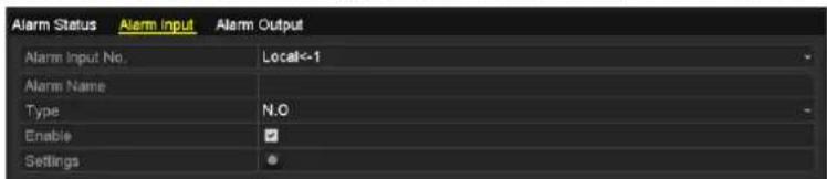 Alarm Status Alarm input Alarm Output Alarm Input No. Local<-1 Alarm Name Type N.O Enable ✓ Settings