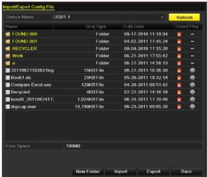Import/Export Config File Device Name USB1.1 Refresh Name Size Type Edit Date Delete Play FOUND 000 Folder 09-17-2010 11:19:04 FOUND 001 Folder 04-02-2011 17:45:24 RECYCLER Folder 08-04-2010 17:35:20 Work Folder 06-21-2011 17:55:42 a Folder 06-27-2011 14:56:13 20110627103631log 15KB File 06-27-2011…