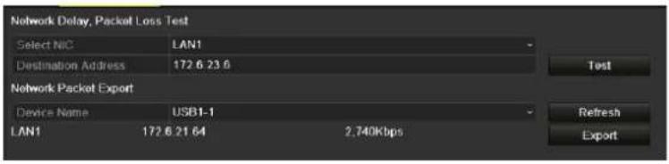 Network Delay, Packet Loss Test Select NIC LAN1 Destination Address 172.6 23.6 Network Packet Export Device Name USB1-1 LAN1 172.6 21.64 2.740Kbps Test Refresh Export