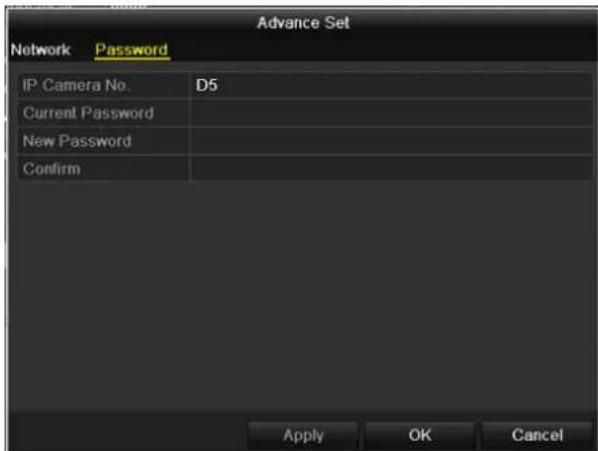 Advance Set Network Password IP Camera No. D5 Current Password New Password Confirm Apply OK Cancel