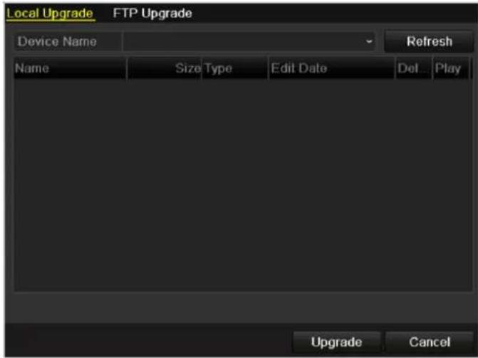 Local Upgrade FTP Upgrade Device Name Refresh Name Size Type Edit Date Del... Play Upgrade Cancel