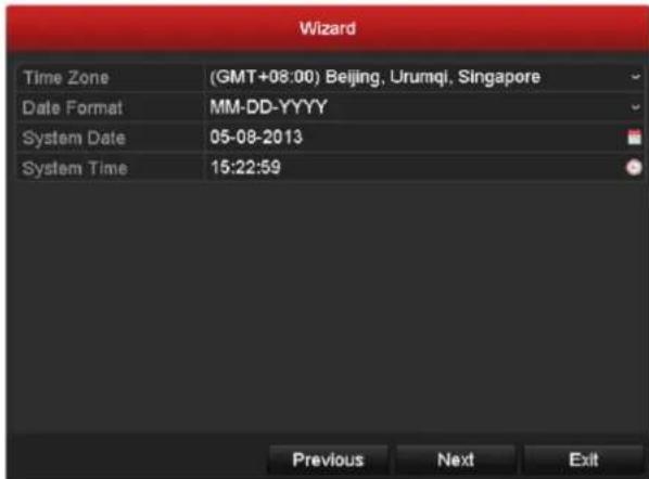 Wizard Time Zone (GMT+08:00) Beijing, Urumqi, Singapore Date Format MM-DD-YYYY System Date 05-08-2013 System Time 15:22:59 Previous Next Exit