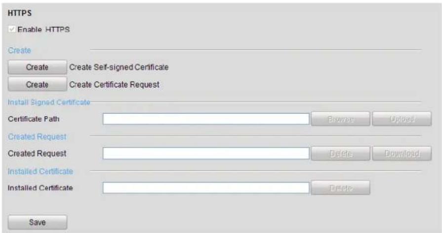 HTTPS Enable HTTPS Create Create Create Self-signed Certificate Create Create Certificate Request Install Signed Certificate Certificate Path Browse Uploaded Created Request Created Request Delete Download Installed Certificate Installed Certificate Delete Save