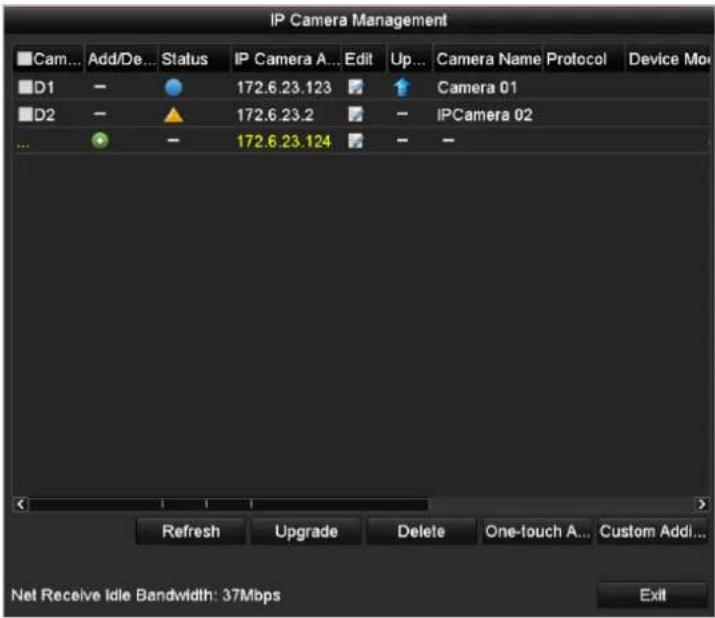 IP Camera Management Cam... Add/De... Status IP Camera A... Edit Up... Camera Name Protocol Device Mo D1 - 172.6.23.123 ↑ Camera 01 D2 - 172.6.23.2 - IPCamera 02 - 172.6.23.124 - Refresh Upgrade Delete One-touch A... Custom Addi... Net Receive Idle Bandwidth: 37Mbps Exit