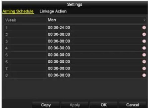 Settings Arming Schedule Linkage Action Week Mon 1 00:00-24:00 2 00:00-00:00 3 00:00-00:00 4 00:00-00:00 5 00:00-00:00 6 00:00-00:00 7 00:00-00:00 8 00:00-00:00 Copy Apply OK Cancel