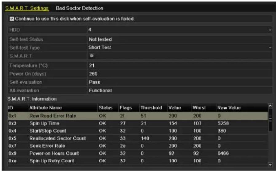 SMART Settings ✓ Continue to use this disk when self-evaluation is failed. HDD 4 Self-test Status Not tested Self-test Type Short Test SMART Temperature (°C) 21 Power On (days) 260 Self-evaluation Pass All-evaluation Functional SMART Information ID Attribute Name Status Flags Threshold Value Worst R…