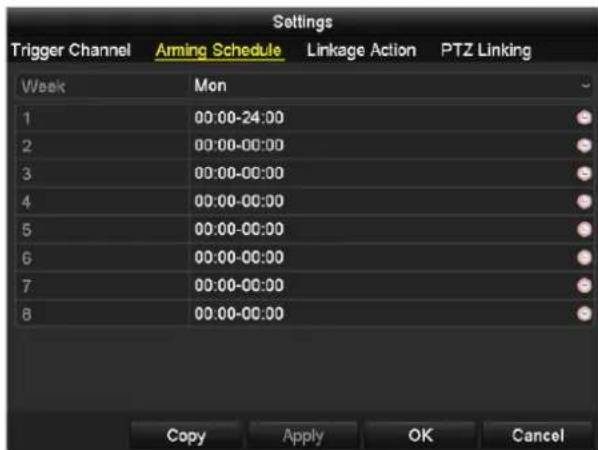 Settings Trigger Channel Arming Schedule Linkage Action PTZ Linking Week Mon 1 00:00-24:00 2 00:00-00:00 3 00:00-00:00 4 00:00-00:00 5 00:00-00:00 6 00:00-00:00 7 00:00-00:00 8 00:00-00:00 Copy Apply OK Cancel