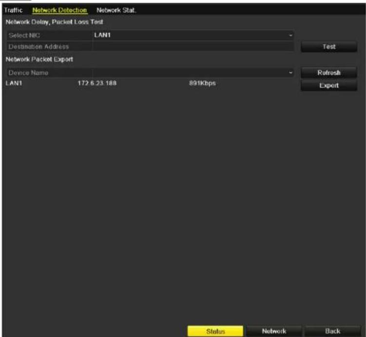Traffic Network Detection Network Stat. Network Delay, Packet Loss Test Select NIC LAN1 Destination Address Network Packet Export Device Name LAN1 172.6.23.188 891Kbps Test Refresh Export Status Network Back