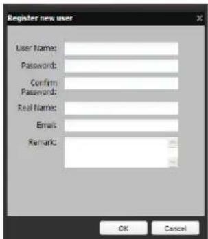 Register new user User Name: Password: Confirm: Password: Real Name: Email: Remark: OK Cancel
