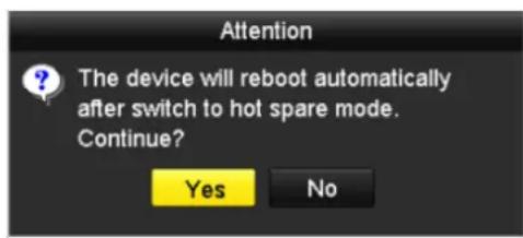 Attention The device will reboot automatically after switch to hot spare mode. Continue? Yes No