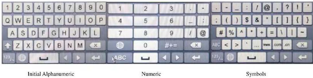 1 2 3 4 5 6 7 8 9 0 Q W E R T Y U I O P A S D F G H J K L ↑ Z X C V B N M × 123/.. Initial Alphanumeric Numeric Symbols