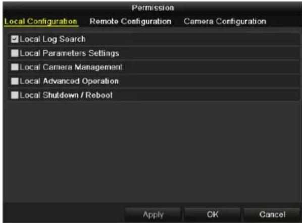 Permission Local Configuration Remote Configuration Camera Configuration ✓ Local Log Search ■ Local Parameters Settings ■ Local Camera Management ■ Local Advanced Operation ■ Local Shutdown / Roboot Apply OK Cancel
