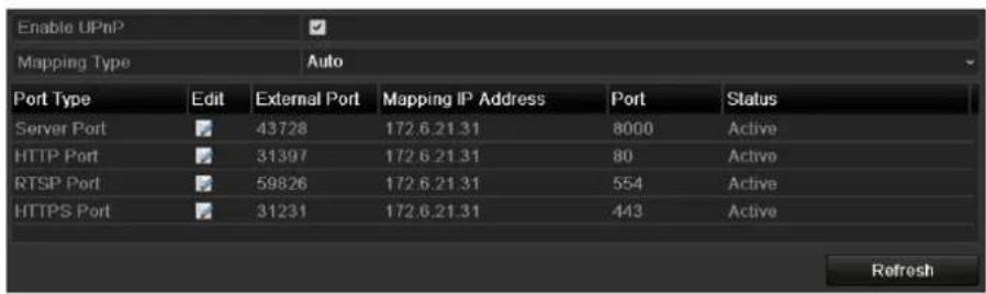 Enable UPnP Mapping Type Auto Port Type Edit External Port Mapping IP Address Port Status Server Port 43728 172.6.21.31 8000 Active HTTP Port 31397 172.6.21.31 80 Active RTSP Port 59826 172.6.21.31 554 Active HTTPS Port 31231 172.6.21.31 443 Active Refresh