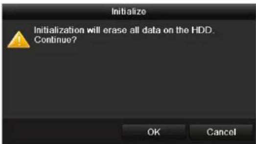 Initialize Initialization will erase all data on the HDD. Continue? OK Cancel