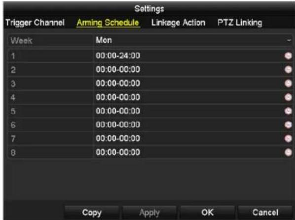 Settings Trigger Channel Arming Schedule Linkage Action PTZ Linking Week Mon 1 00:00-24:00 2 00:00-00:00 3 00:00-00:00 4 00:00-00:00 5 00:00-00:00 6 00:00-00:00 7 00:00-00:00 8 00:00-00:00 Copy Apply OK Cancel