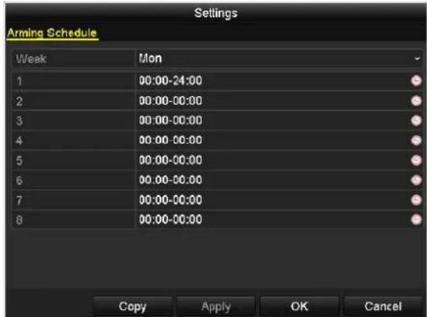 Settings Arming Schedule Week Mon 1 00:00-24:00 2 00:00-00:00 3 00:00-00:00 4 00:00-00:00 5 00:00-00:00 6 00:00-00:00 7 00:00-00:00 8 00:00-00:00 Copy Apply OK Cancel