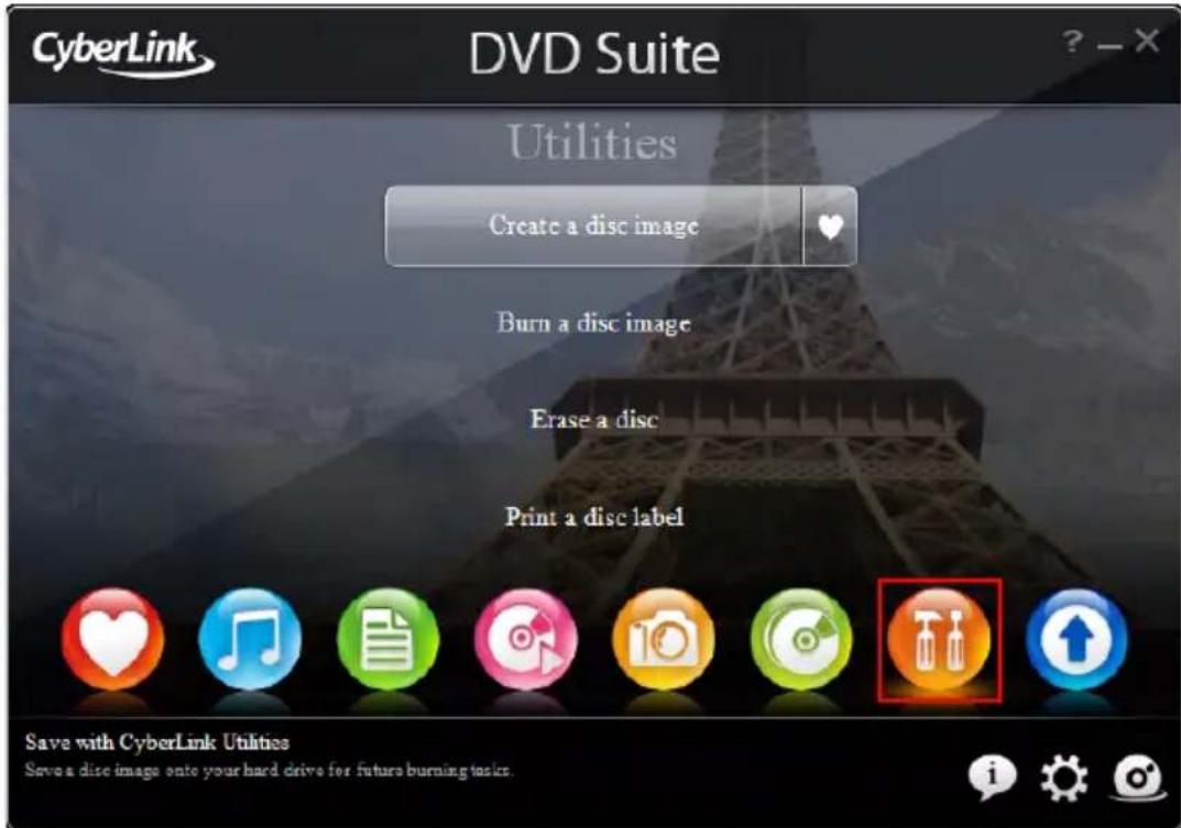CyberLink DVD Suite Utilities Create a disc image Burn a disc image Erase a disc Print a disc label Save with CyberLink Utilities Save a disc image onto your hard drive for future burning tasks.