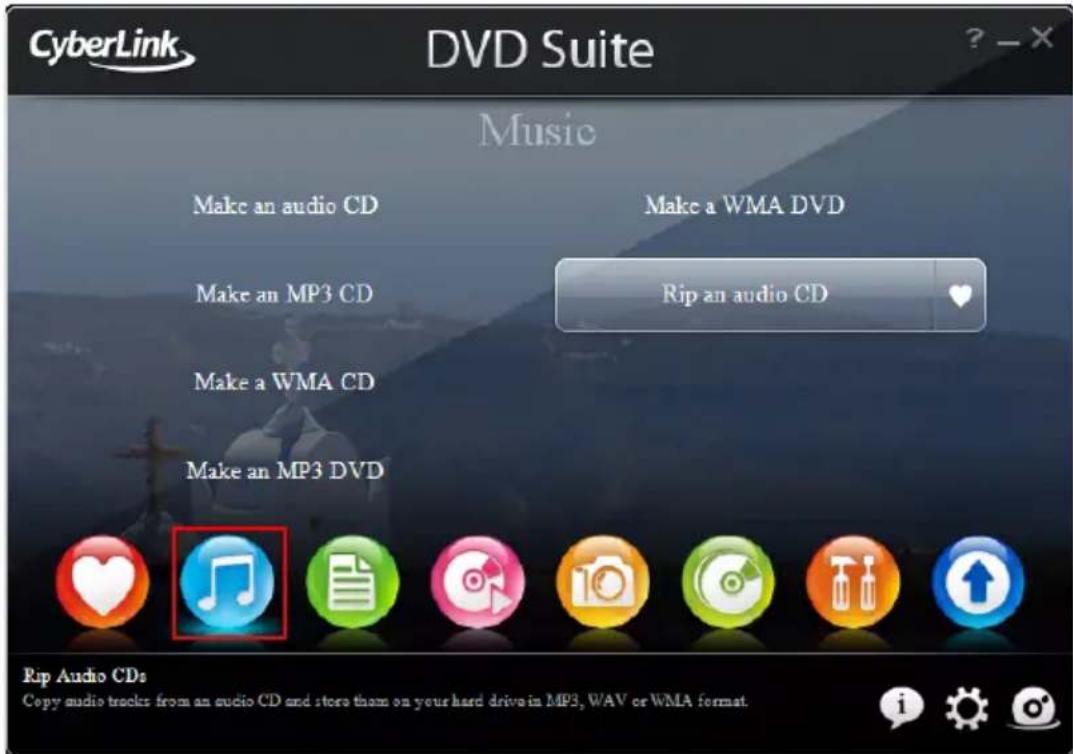 CyberLink DVD Suite ? - X Music Make an audio CD Make a WMA DVD Make an MP3 CD Rip an audio CD Make a WMA CD Make an MP3 DVD Rip Audio CDs Copy audio tracks from an audio CD and store them on your hard drive in MP3, WAV or WMA format.