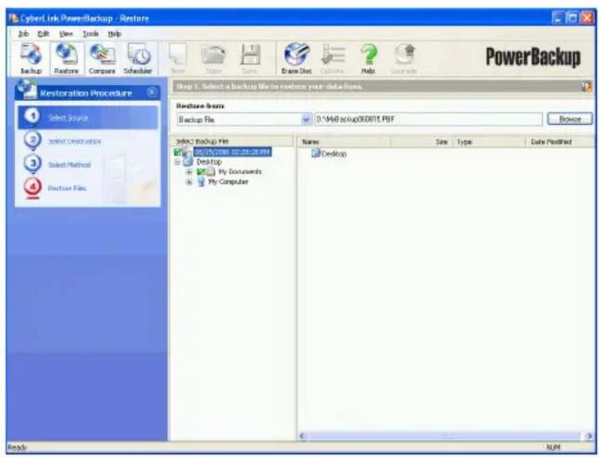 CyberLink PowerBackup - Restore Job Edit View Tools Help Backup Replace Compare Scheduler Name Object Save Draw Disc Options Help Upgrade PowerBackup Step 1: Select a backup file to restore your data from. Restore from Backup File D:\MB\backup050811.PBF Browse Select Backup File 20.175/2198 00:28:28 PM Desktop My Documents My Computer Name Size Type Date Modified Desktop Ready NUP