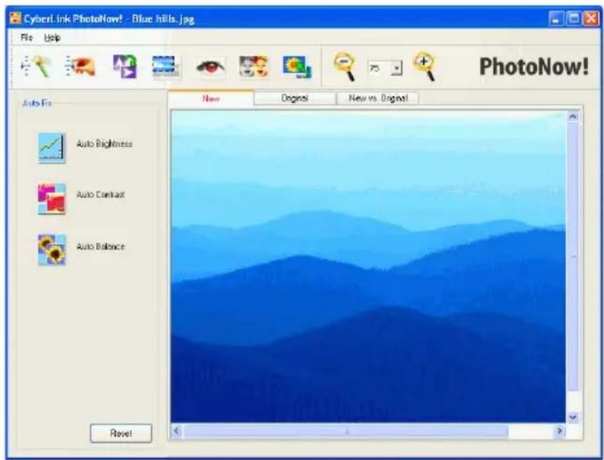 CyberLink PhotoNow! - Blue hills.jpg File Help PhotoNow! Auto Fis New Original New vs. Original Auto Brightness Auto Contrast Auto Balance Reset