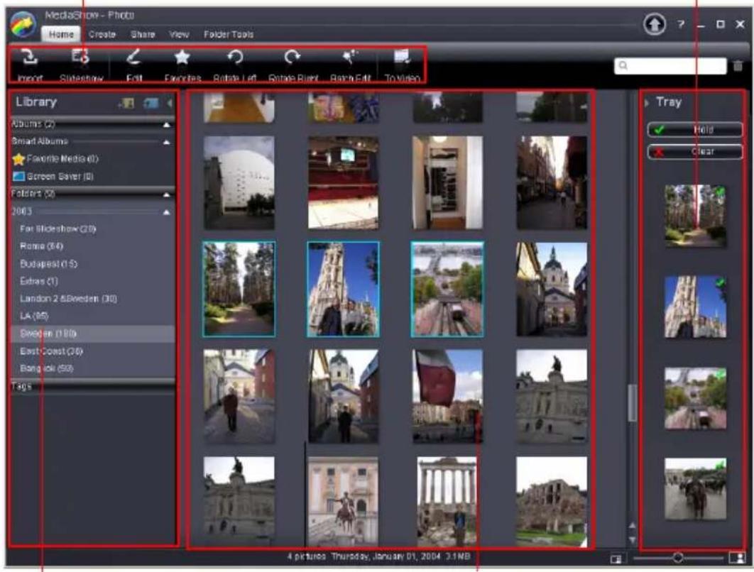 MediaShow - Photo Home Create Share View Folder Tools Import Slideshow Exit Favorites Righta Left Righta Right Batch East To Video Library Albums (2) Smart Albums Favorite Media (1) Screen Saver (0) Folders (2) 2003 Far Slideshow (10) Rome (4) Budapest (1-5) Extras (1) London 2 &Sweden (10) LA (85) Sweden (100) East Coast (20) Bangkok (50) Tags Tray Hold Clear 4 pictures Thursday, January 01, 2004 3:1MB