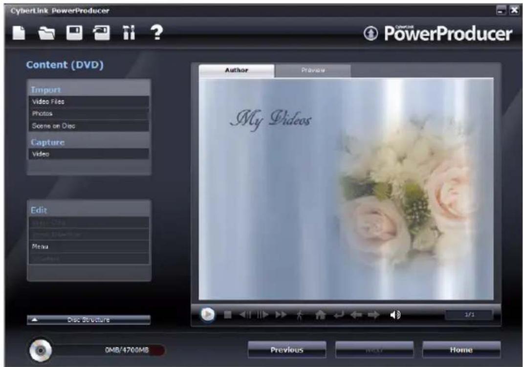 CyberLink PowerProducer PowerProducer Content (DVD) Import Video Files Photos Scene on Disc Capture Video Edit Movie Clips Movie 1000000000000000000000000000000000000000000000000000000000000000000000000000000 Menu Disc Structure My Videos 1/1 Previous Next Home