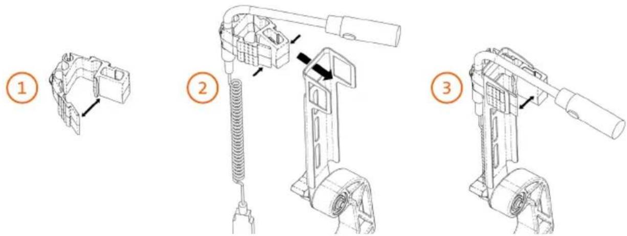 Technical diagram showing three-step assembly steps of a mechanical device with labeled components and directional arrows.