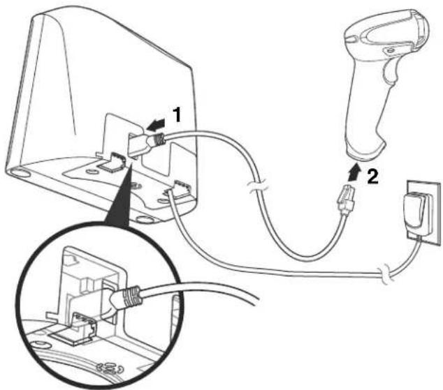 Diagram showing cable installation connection between a device and a power adapter, with labeled parts 1 and 2.