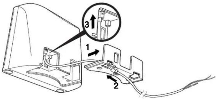 Technical diagram showing cable installation with labeled components and a magnified inset highlighting a connector detail.