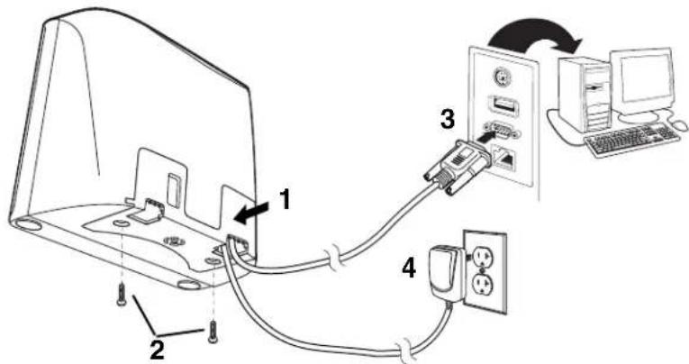 Diagram showing cable connection between a computer and a wall-mounted device, with labeled components and directional arrows indicating wiring or data transfer.