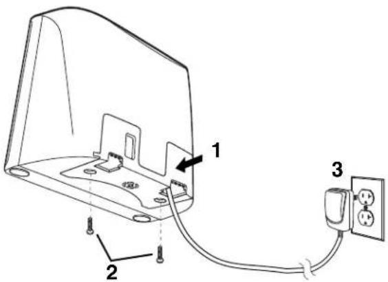 Technical diagram showing a device with labeled components: two parts (1 and 2) connected to a power outlet (3), with a cable or wire being inserted.