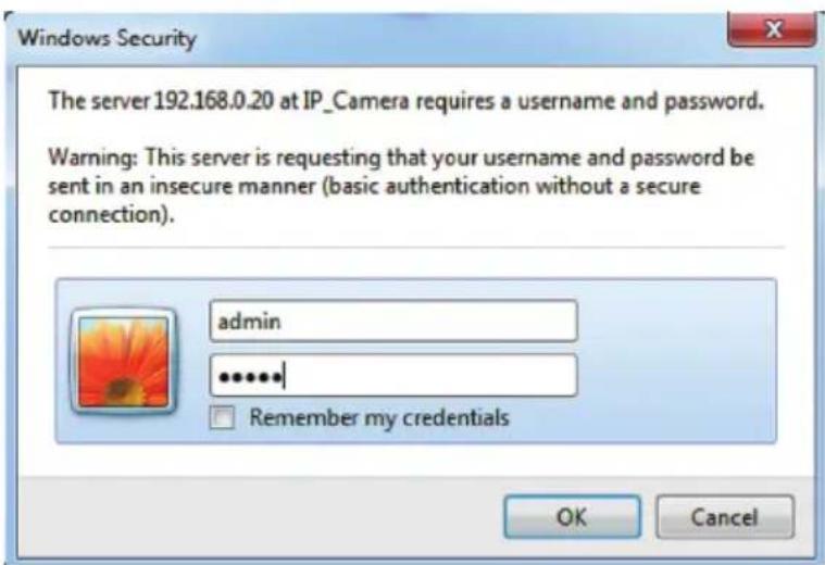 Windows Security The server 192.168.0.20 at IP_Camera requires a username and password. Warning: This server is requesting that your username and password be sent in an insecure manner (basic authentication without a secure connection). admin ...... Remember my credentials OK Cancel