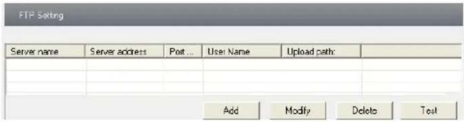 FTP Setting Server name Server address Port ... User Name Upload path: Add Modify Delete Test