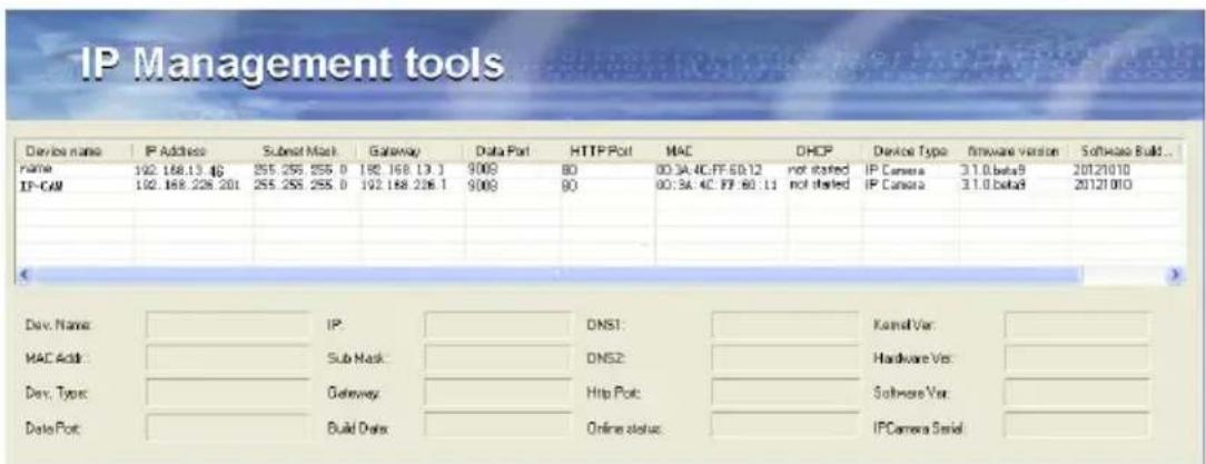 IP Management tools Device name IP Address Submit Mask Gateway Data Port HTTP Port MAC DHCP Device Type firmware version Software Build... name 192.168.13.4255.255.255.0 192.168.13.1 900 80 00:34:4C:FF:60:12 not started IP Camera 31.0 beta9 20121010 IP-CAM 192.168.228.201 255.255.255.0 192.168.228.1 900$ 90 00:34:4C:FF:60:11 not started IP Camera 31.0 beta9 20121010 Dev. Name IP DNS1 Kanal Var MAC Add: Sub Mask DNS2 Hardware Vs Dev. Type Gateway Http Port Software Vs Data Port Build Date Online status IPCamera Serial