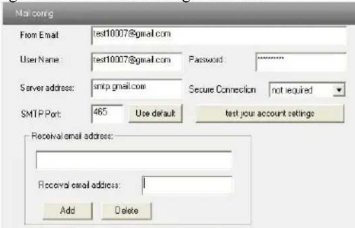 Mail config From Email: test10007@gmail.com User Name: test10007@gmail.com Password: ******** Server address: smtp gmail.com Secure Connection not required SMTP Port: 465 Use default test your account settings Receival email address: Receival email address: Add Delete
