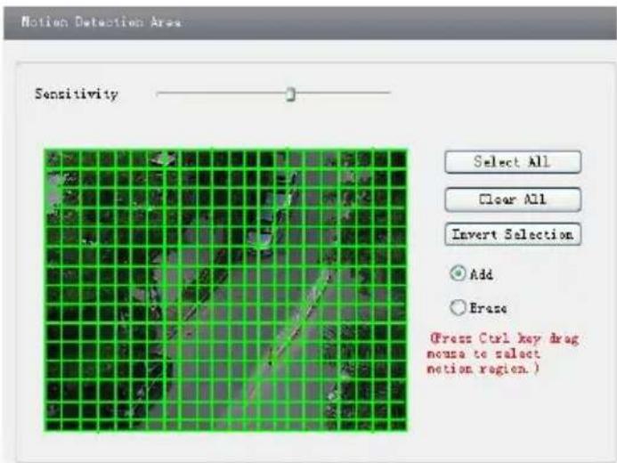 Motion Detection Area Sensitivity Select All Clear All Invert Selection Add Erase (Fress Ctrl key drag mouse to select motion region.)