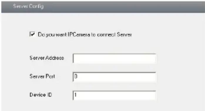 Server Config ✓ Do you want IPCamera to connect Server Server Address Server Port 0 Device ID 1