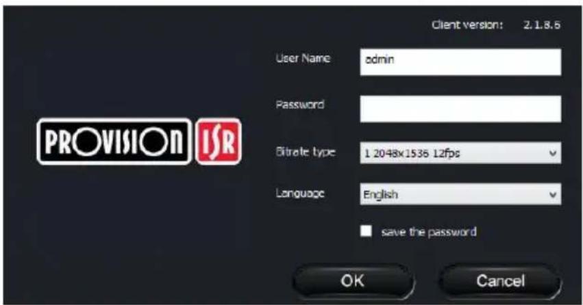 Client version: 2.1.8.6 User Name admin Password Bitrate type 1 2048x1536 12fps Language English save the password OK Cancel