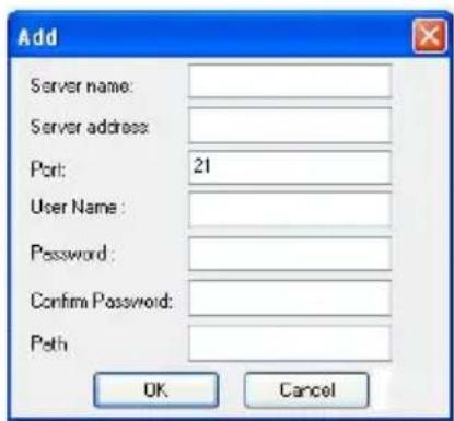 Add Server name: Server address: Port: 21 User Name : Password : Confirm Password: Path: OK Cancel