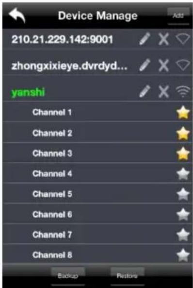 Device Manage 210.21.229.142:9001 zhongxixieye.dvrdyd... yanshi Channel 1 Channel 2 Channel 3 Channel 4 Channel 5 Channel 6 Channel 7 Channel 8 Backup Restore