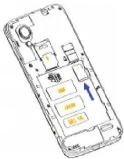 Diagram of a smartphone interior with labeled compartments and a blue arrow indicating a specific area.