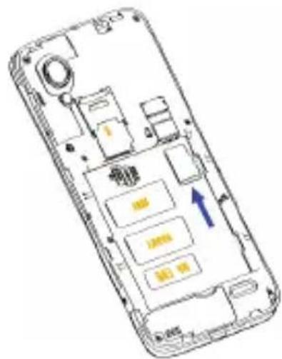 Diagram of a smartphone interior with labeled compartments and a blue arrow indicating a specific area or feature.