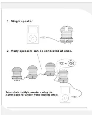 1. Single speaker 2. Many speakers can be connected at once. Daisy-chain multiple speakers using the 3.5mm cable for a truly world-shaking effect.
