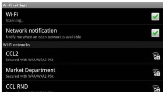 Wi-Fi settings Wi-Fi Scanning... Network notification Notify me when an open network is available Wi-Fi networks CCL2 Secured with WPA/WPA2 PSX Market Department Secured with WPA/WPA2 PSX CCL RND