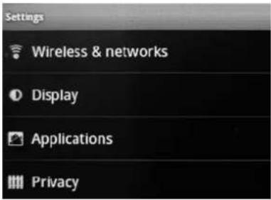 Settings Wireless & networks Display Applications Privacy