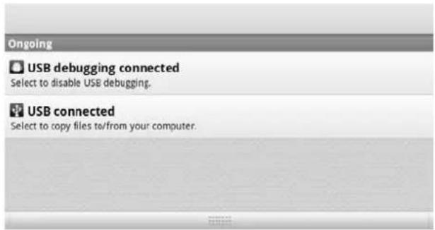 Ongoing USB debugging connected Select to disable USB debugging. USB connected Select to copy files to/from your computer.