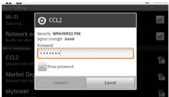 Wi-Fi setting CCL2 Security WPA/WPA2 PSK Signal strength Good Password ****** Show password. Connect Cancel