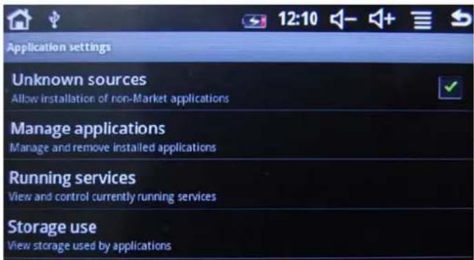 Application settings Unknown sources Allow installation of non-Market applications Manage applications Manage and remove installed applications Running services View and control currently running services Storage use View storage used by applications